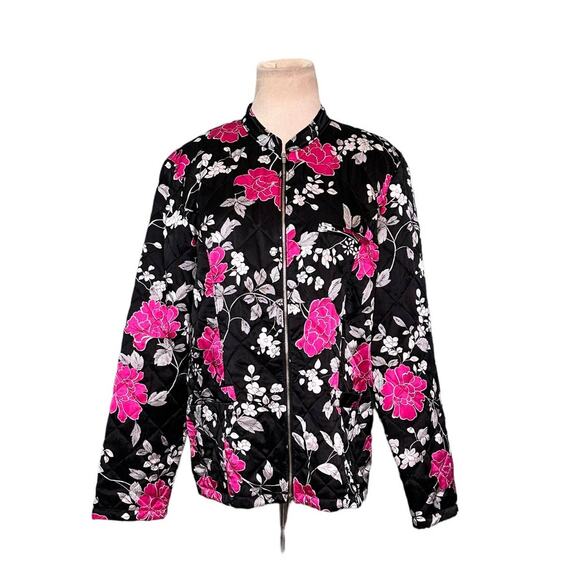 Spenser Jeremy black floral silk light quilted zip jacket size Large - Picture 1 of 12